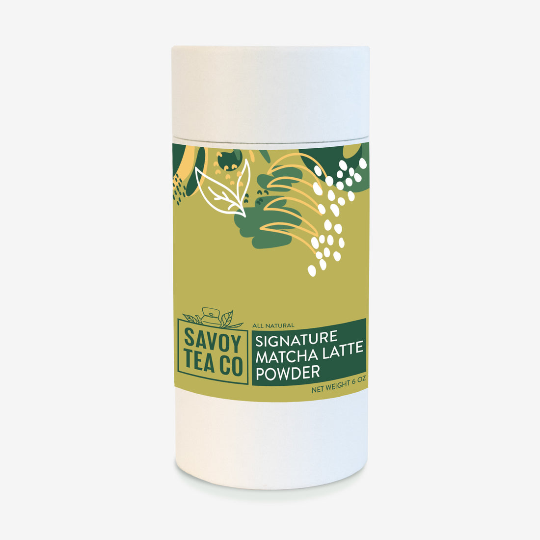 A container of Savoy Signature Matcha Latte Powder with a label showing leaves and matcha powder.