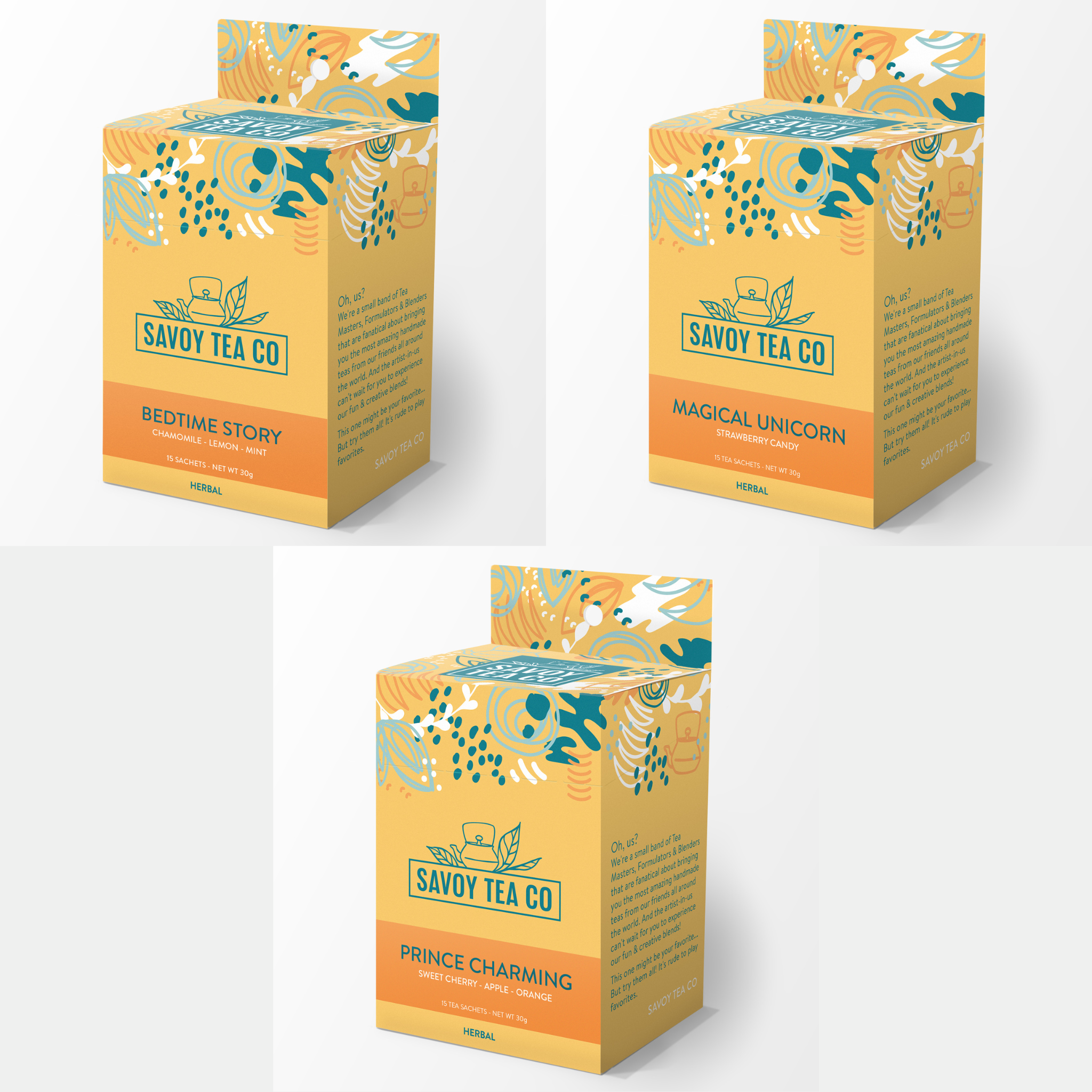 Three boxes of Savoy Tea Co. herbal tea, with flavors including Bedtime Story, Miracle Mermaid, and Prince Charming.